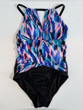 Bal Harbour halter high neck slimming one piece swimsuit black blue Pink Size 8